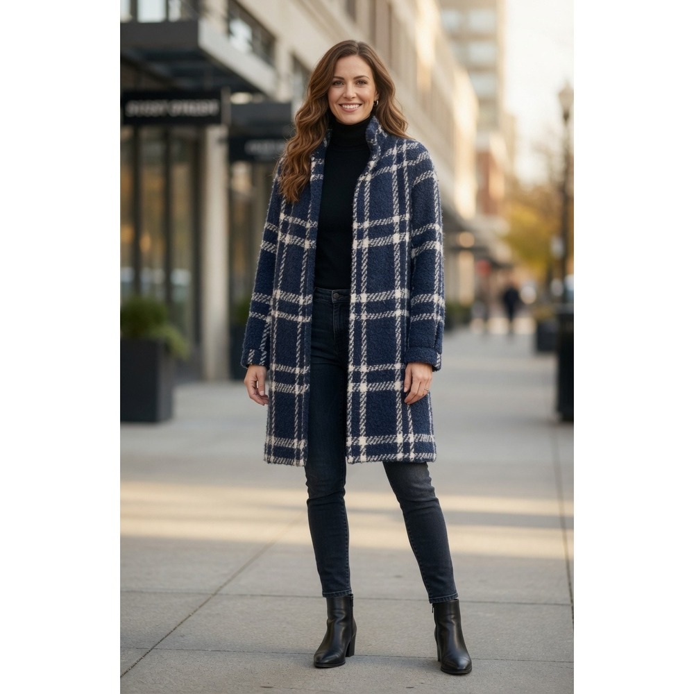 Weave of the Irish Navy Blue Plaid‎ Boucle Wool Coat Made in Ireland Small